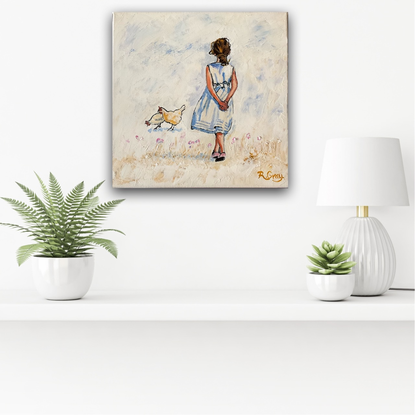 Girl walking, chickens in background 