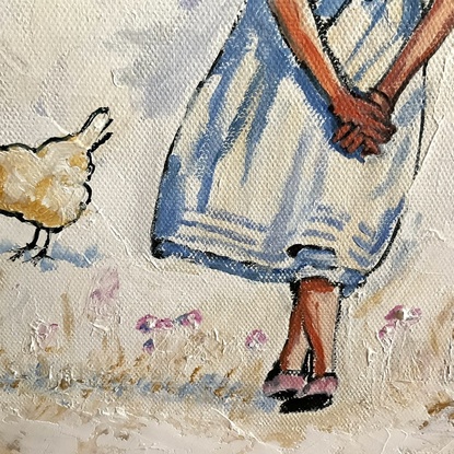 Girl walking, chickens in background 