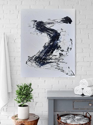 Minimalist black and white Asian inspired, modern, abstract painting