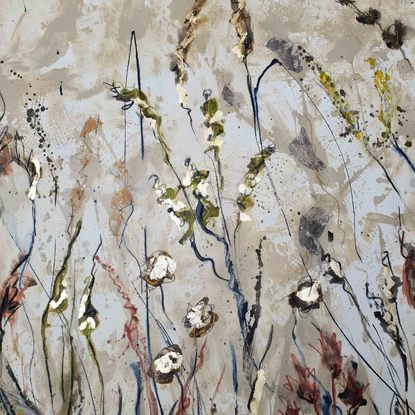 large landscape of flowers and wild grass in terracotta, rust, ochre, beige, olive green, dark green, copper and gold and black and white