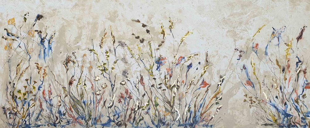 large landscape of flowers and wild grass in terracotta, rust, ochre, beige, olive green, dark green, copper and gold and black and white