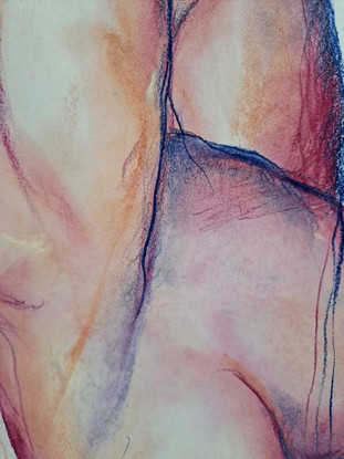 Figurative abstract nude group, female form using soft pastel in sepia tones.