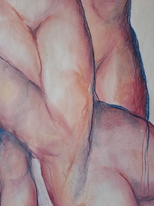 Figurative abstract nude group, female form using soft pastel in sepia tones.