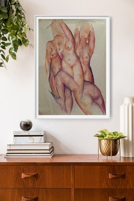 Figurative abstract nude group, female form using soft pastel in sepia tones.