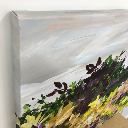 modern abstract landscape painting of a field of flowers that are yellow and golden in colour.