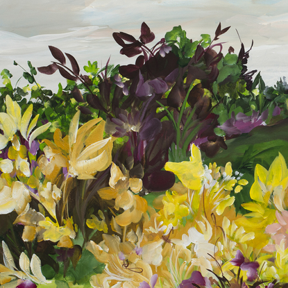 modern abstract landscape painting of a field of flowers that are yellow and golden in colour.