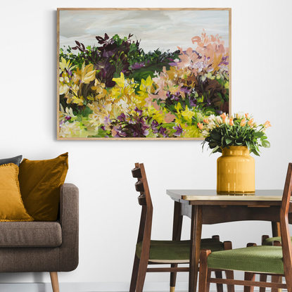 modern abstract landscape painting of a field of flowers that are yellow and golden in colour.