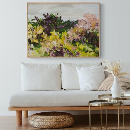 modern abstract landscape painting of a field of flowers that are yellow and golden in colour.