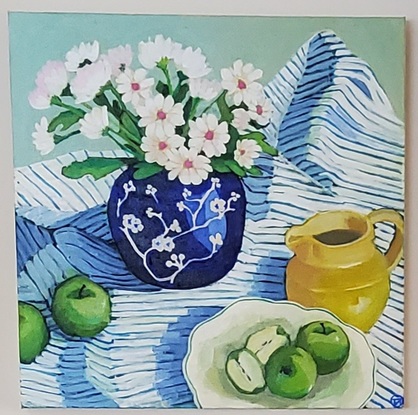 This is a lovely and bright and happy painting on a square frame with a great looking striped fabric with green apples and yellow jug and beautiful flowers I hope you enjoy it