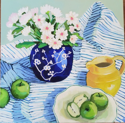 This is a lovely and bright and happy painting on a square frame with a great looking striped fabric with green apples and yellow jug and beautiful flowers I hope you enjoy it