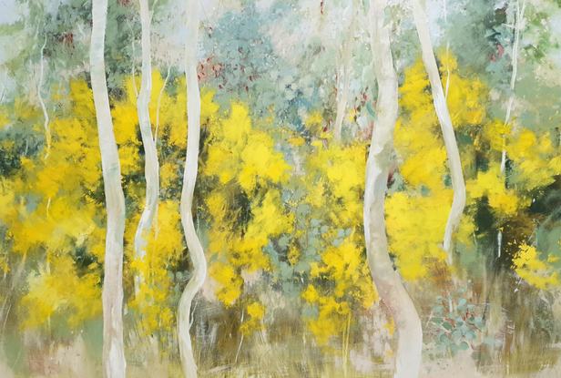 Bright impressionist landscape featureing yellow Australian wattle blossoms and neutral tones of grey-blue and beige. By Victoria Collins.