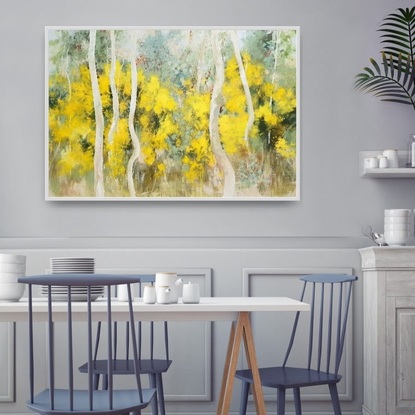 Bright impressionist landscape featureing yellow Australian wattle blossoms and neutral tones of grey-blue and beige. By Victoria Collins.