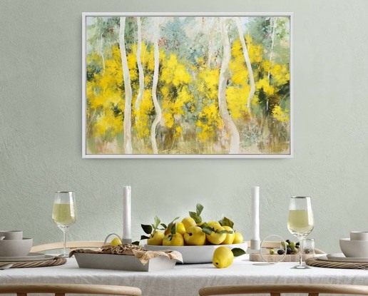 Bright impressionist landscape featureing yellow Australian wattle blossoms and neutral tones of grey-blue and beige. By Victoria Collins.