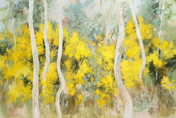 Bright impressionist landscape featureing yellow Australian wattle blossoms and neutral tones of grey-blue and beige. By Victoria Collins.