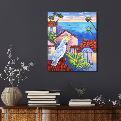 Sulphur-crested cockatoo in abstract Australian landscape original one-of-a-kind acrylic painting by Irina Redine.