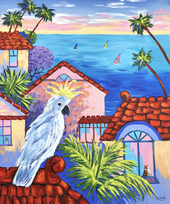 Sulphur-crested cockatoo in abstract Australian landscape original one-of-a-kind acrylic painting by Irina Redine.