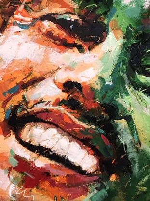 Portrait of Bob Marley in vibrant green and orange transparent colours. 