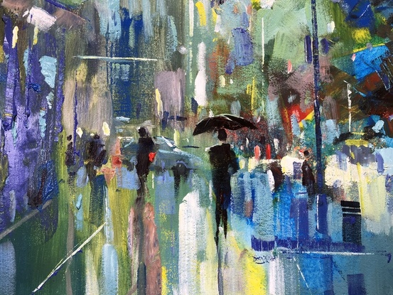 People walking in city with umbrellas in semi abstract and colourful style. 