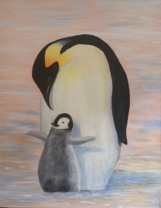 An elegant Mother Emperor penguin and her adorable baby curling up together on the ice, staying warm, and watching for predators.