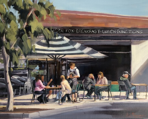 Melbourne cafe scene with figures.