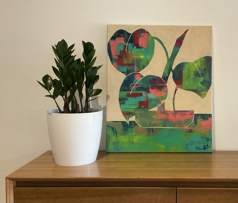 An intuitive style abstract using beautiful colours and toning to create a modern palette of a silhouette of a plant in a negative style.