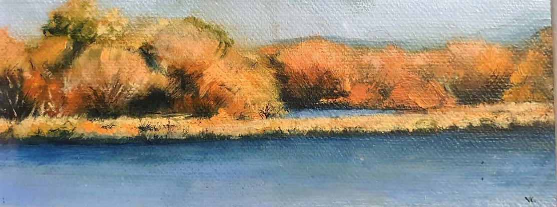 Small impressionist landscape river painting by Australian artist Victoria Collins, in soft autumn tones of ochre and blue. 