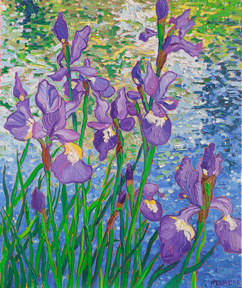 Purple irises in the foreground with rippling water in the background