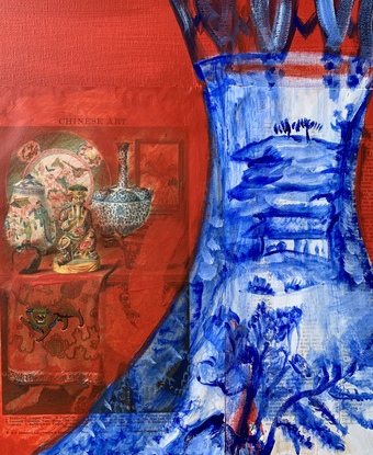 Collage and paint on canvas Chinese willow pattern vase