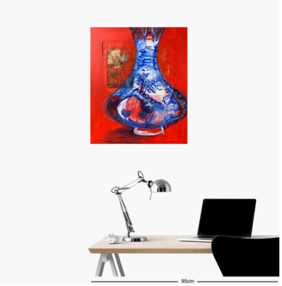 Collage and paint on canvas Chinese willow pattern vase