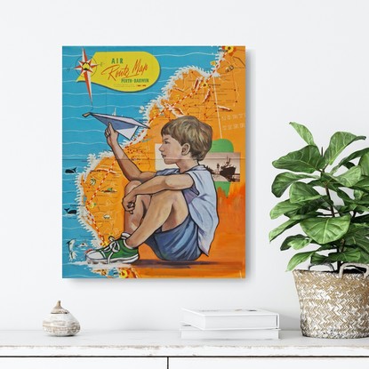 Oil on vintage map painting of young boy sitting on beach flying paper airplane from Perth to Darwin Western Australia.