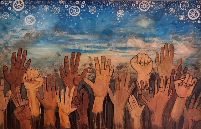 Crowd of hands raised in protest in front of a blue sky with Aboriginal symbols for stars above