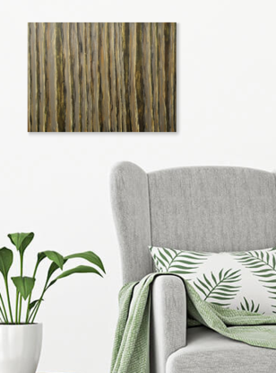 Abstract tree trunks cover the entire canvas, stripes of green, gold, olive and grey