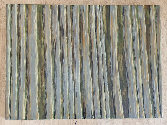 Abstract tree trunks cover the entire canvas, stripes of green, gold, olive and grey