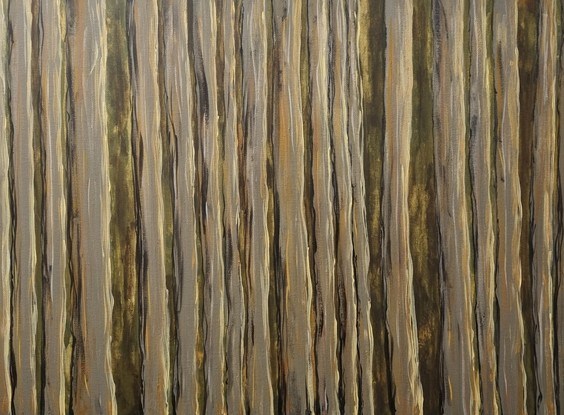 Abstract tree trunks cover the entire canvas, stripes of green, gold, olive and grey