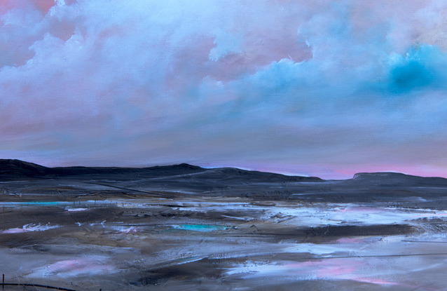 Colourful and fresh abstract seascape in teal and pink tones with mountain range in the horizon under cloudy sky.