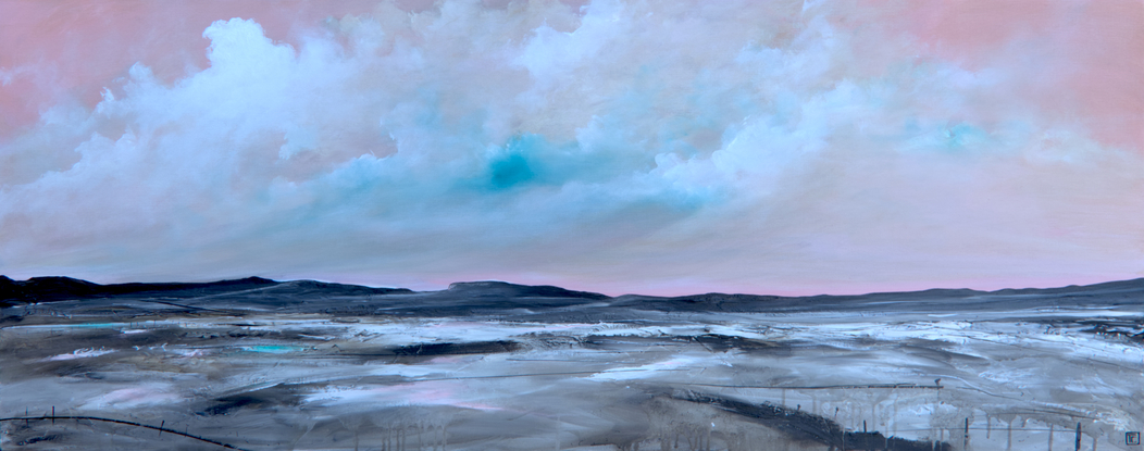 Colourful and fresh abstract seascape in teal and pink tones with mountain range in the horizon under cloudy sky.