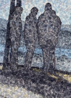 Watercolour painting on stretched canvas. Shades of greys and blues with a limited pallet , using geometric  shapes, formed by the watercolour and layered to produce an abstracted image of three figures lookout across a vast landscape, 
