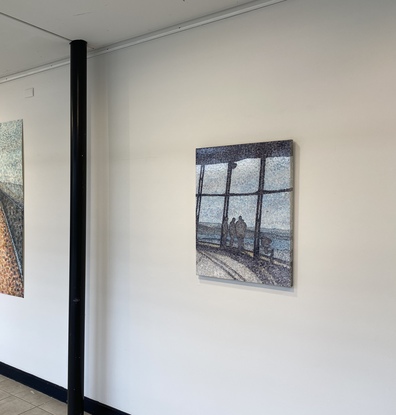 Watercolour painting on stretched canvas. Shades of greys and blues with a limited pallet , using geometric  shapes, formed by the watercolour and layered to produce an abstracted image of three figures lookout across a vast landscape, 
