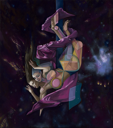 In this painting a figure falls through a dark galaxy dotted with stars and celestial objects. The falling figure is cocooned by a spiralling piece of fabric. Emerging from the falling woman is an abstract figure comprised of distinct colourful shapes and looks as though it may represent her spiritual or psychological self. 