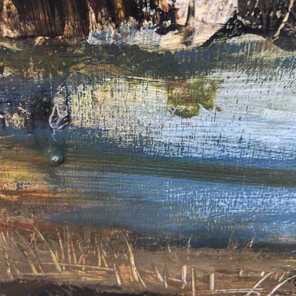 A recent trip to the Northern Territory inspired this painting. To capture the contrasts of hard rock, soft sky and water. Hot and cool.  Hot rocky landscape hiding the beautiful cool turquoise waterhole. A perfect place for a cool swim after a hot trek in Northern Australia.

Ochre, browns, greys, turquoise