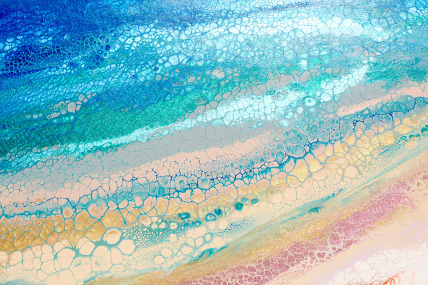 ABSTRACT painting that gives the impression of soothing ocean waves lapping in to soft sandy shore.  The intricate mosaic pattern within the tonal blue hues and the glimmering metallics adds added interest and intrigue.
The closer you get to the painting the more of the interesting details and patterns you can see. Metallics add an extra depth because the painting changes personality when one views from different angles.