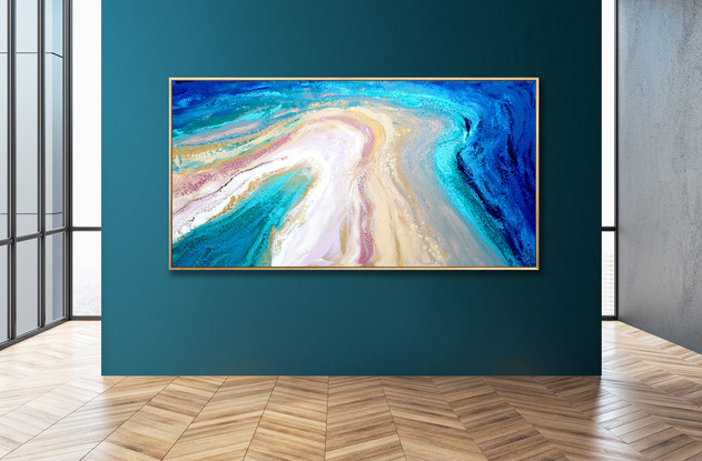 ABSTRACT painting that gives the impression of soothing ocean waves lapping in to soft sandy shore.  The intricate mosaic pattern within the tonal blue hues and the glimmering metallics adds added interest and intrigue.
The closer you get to the painting the more of the interesting details and patterns you can see. Metallics add an extra depth because the painting changes personality when one views from different angles.