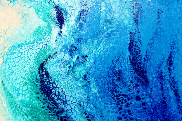 ABSTRACT painting that gives the impression of soothing ocean waves lapping in to soft sandy shore.  The intricate mosaic pattern within the tonal blue hues and the glimmering metallics adds added interest and intrigue.
The closer you get to the painting the more of the interesting details and patterns you can see. Metallics add an extra depth because the painting changes personality when one views from different angles.