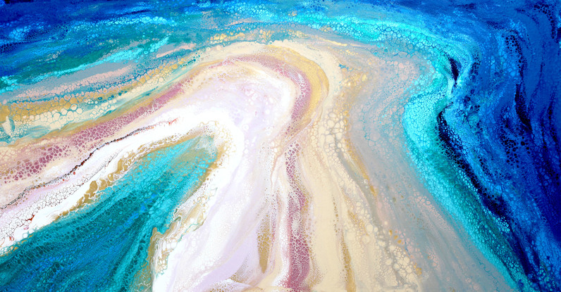 ABSTRACT painting that gives the impression of soothing ocean waves lapping in to soft sandy shore.  The intricate mosaic pattern within the tonal blue hues and the glimmering metallics adds added interest and intrigue.
The closer you get to the painting the more of the interesting details and patterns you can see. Metallics add an extra depth because the painting changes personality when one views from different angles.