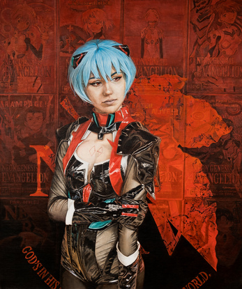 A young person of feminine appearance with blue hair and red eyes wears a shiny black bodysuit with red, white and viridian accents. She stands against a red backdrop that fades down to black and contains hints of video cassette covers. Her expression is demure and one arm holds the other to her side.