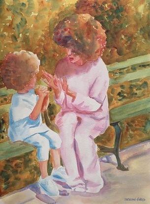 Mother and child sit on a bench in the sunshine.