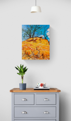 A bright blue sky with some whit fluffy clouds is the backdrop for this painting. This is fronted by a view looking up the cliffs of dripstone geology formed of orange and yellow colours banded and marbled. At the top of the cliff are two twisty trees with green leaves.