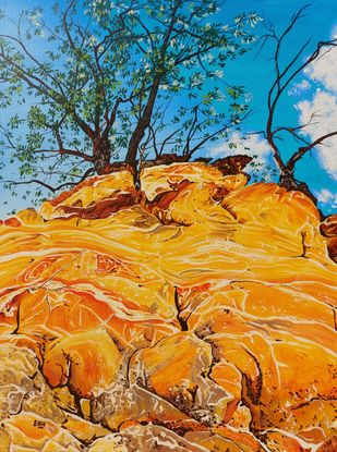 A bright blue sky with some whit fluffy clouds is the backdrop for this painting. This is fronted by a view looking up the cliffs of dripstone geology formed of orange and yellow colours banded and marbled. At the top of the cliff are two twisty trees with green leaves.