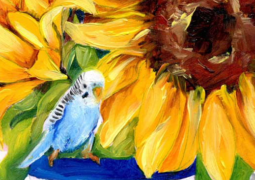 Gorgeous still life painting of sunflowers in a beautiful classic Hampton’s style vase with a tiny budgie peering down at the bird on the table cloth by Jess King.