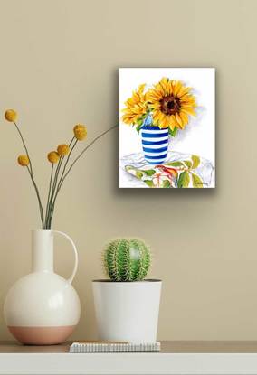 Gorgeous still life painting of sunflowers in a beautiful classic Hampton’s style vase with a tiny budgie peering down at the bird on the table cloth by Jess King.